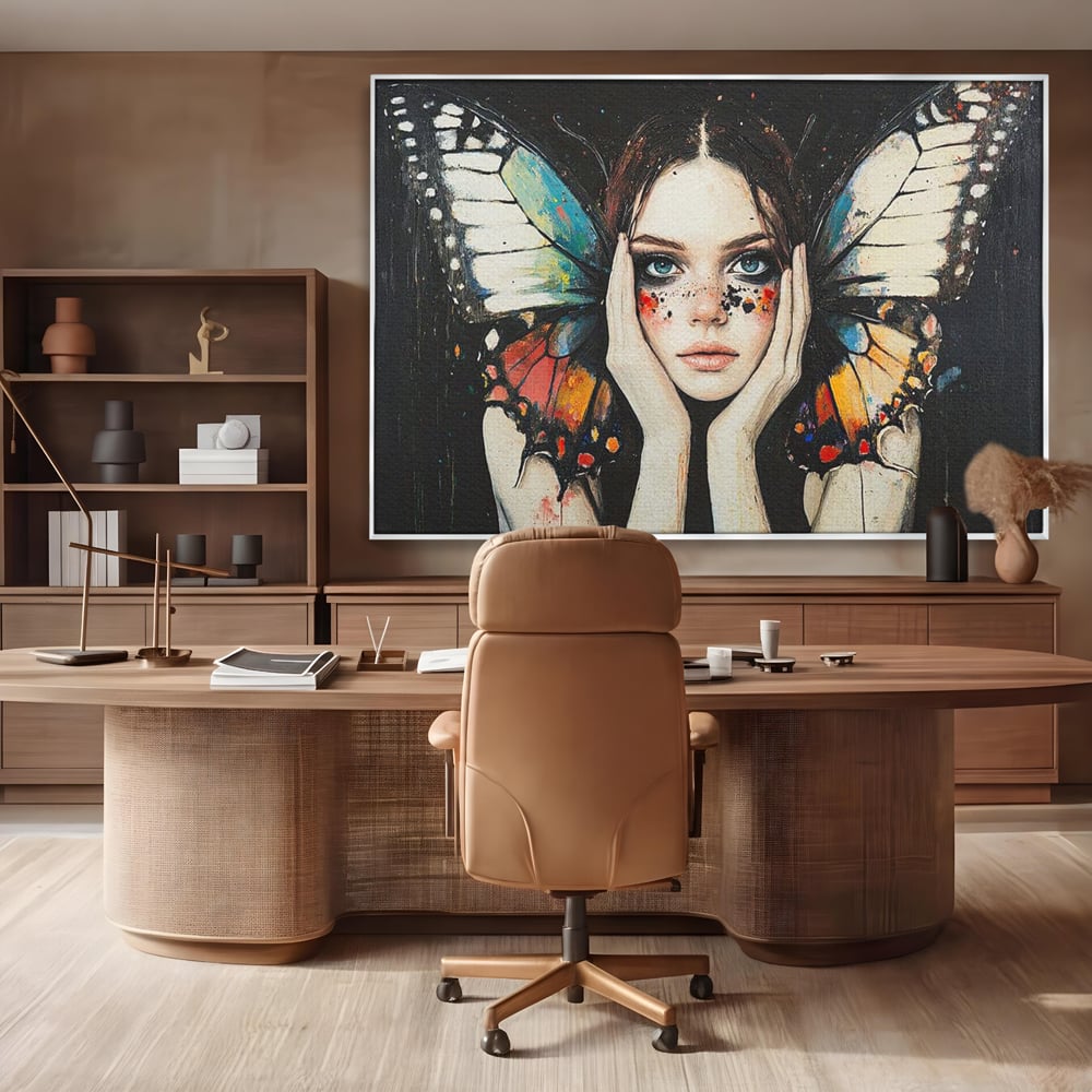 Tablou canvas cu tablou canvas cu femeie si aripi de fluture, in rama de aluminiu argintiu, pe perete intr-un birou